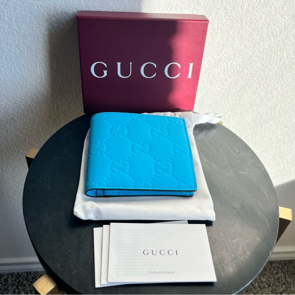 NEW Gucci GG Mens Rubber Effect Bi-fold Wallet - Blue - Picture 12 of 14